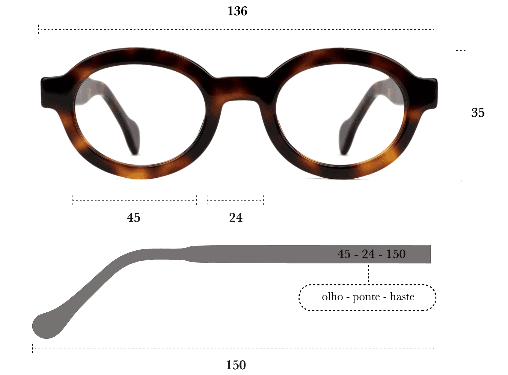 Desenho técnico do óculos Dommi 