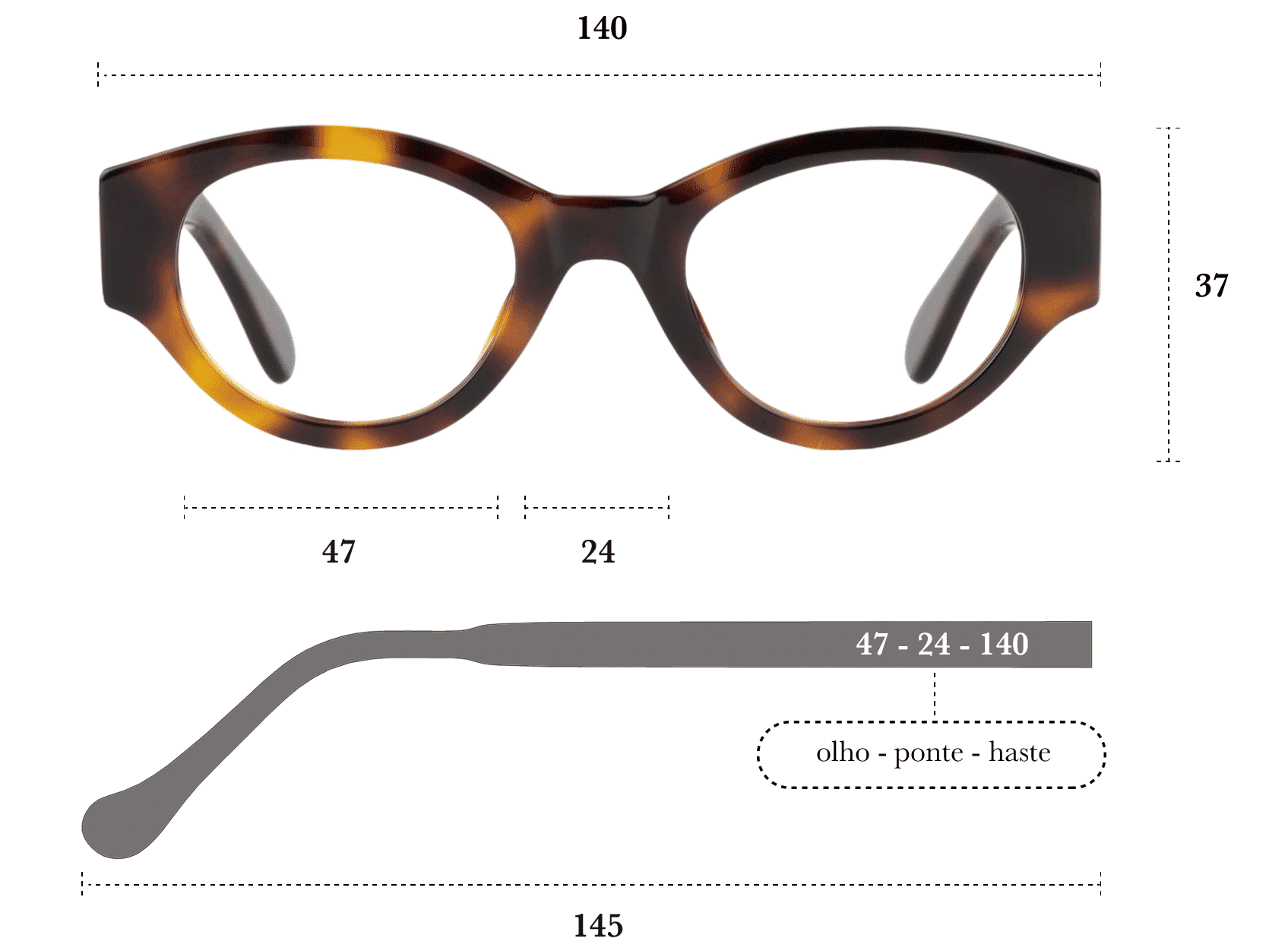 Desenho técnico do óculos Ella 