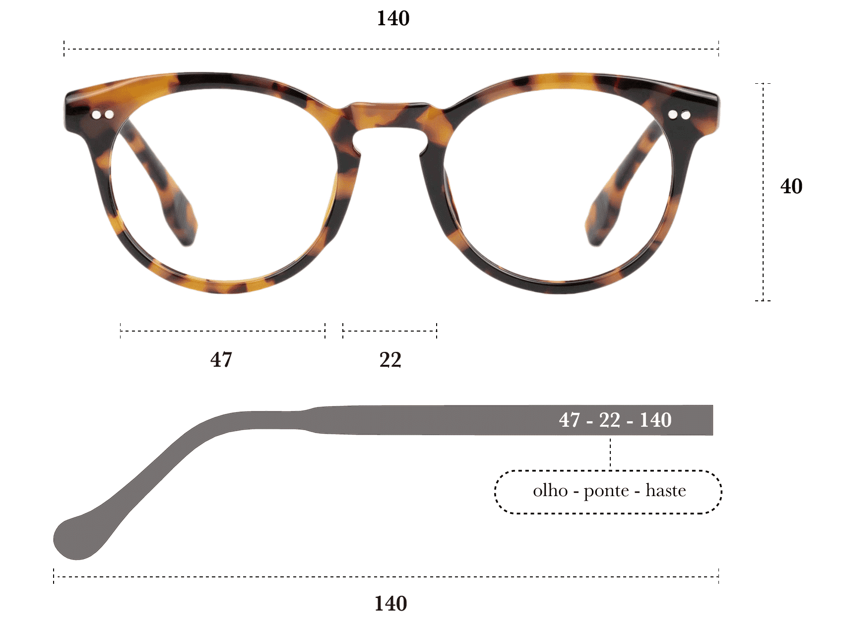 Desenho técnico do óculos Elle 