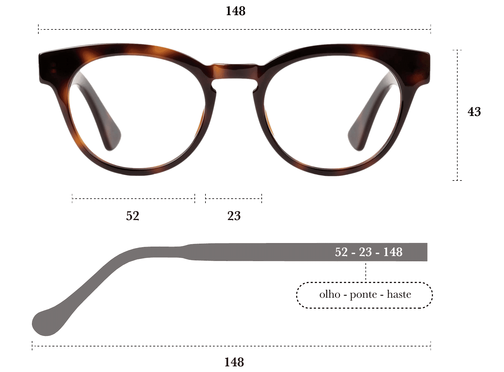 Desenho técnico do óculos Emma 