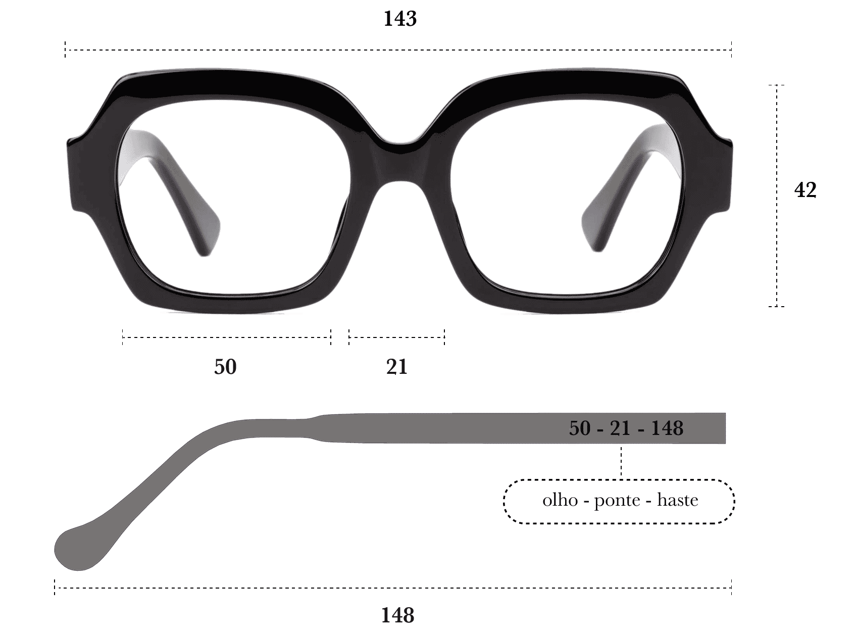 Desenho técnico do óculos Greta Cosmo 