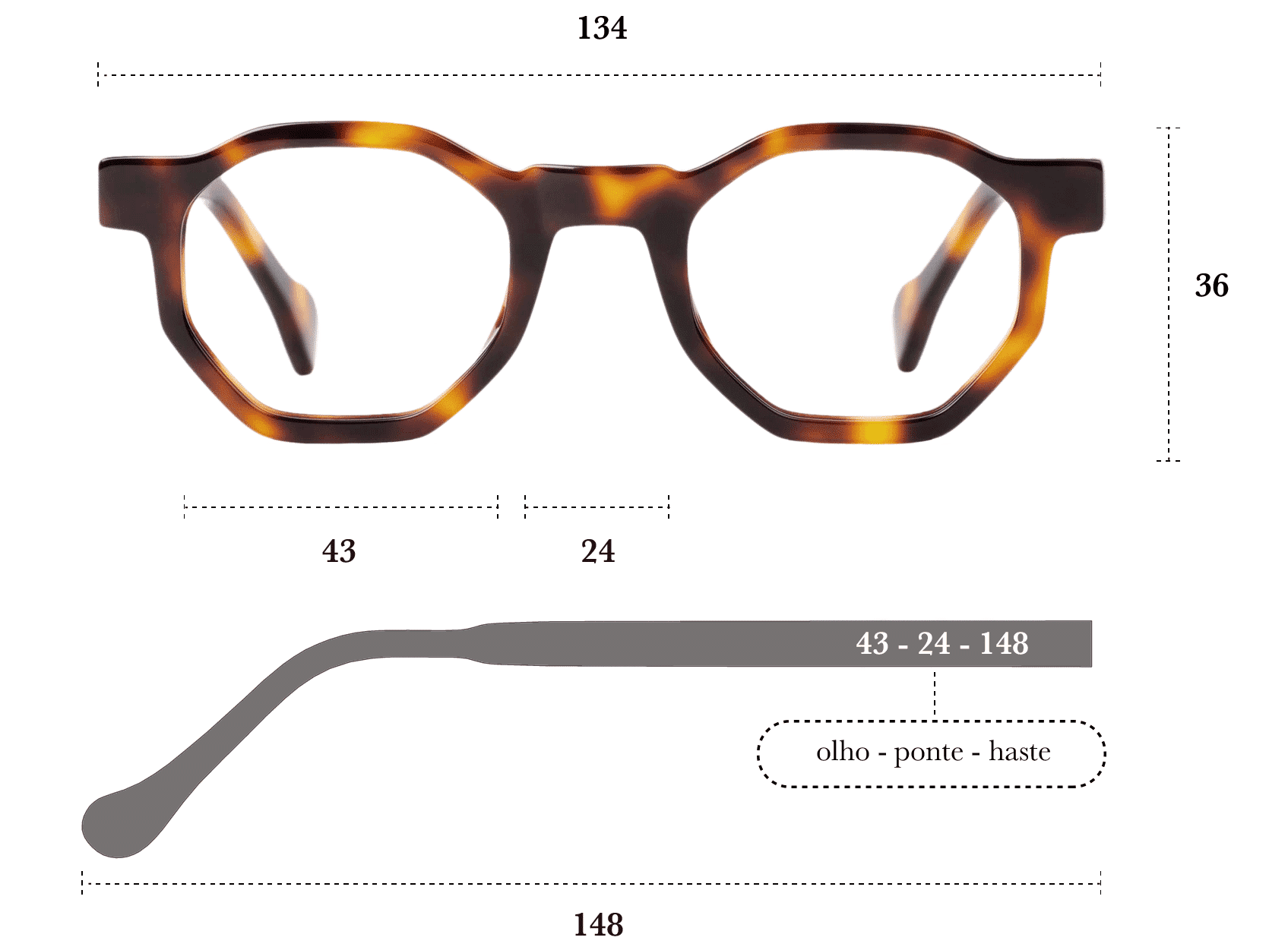 Desenho técnico do óculos Haru 
