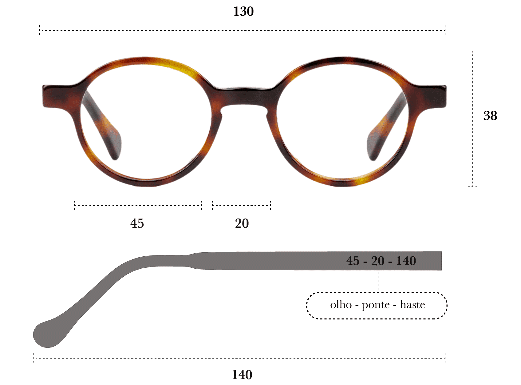 Desenho técnico do óculos Lee 