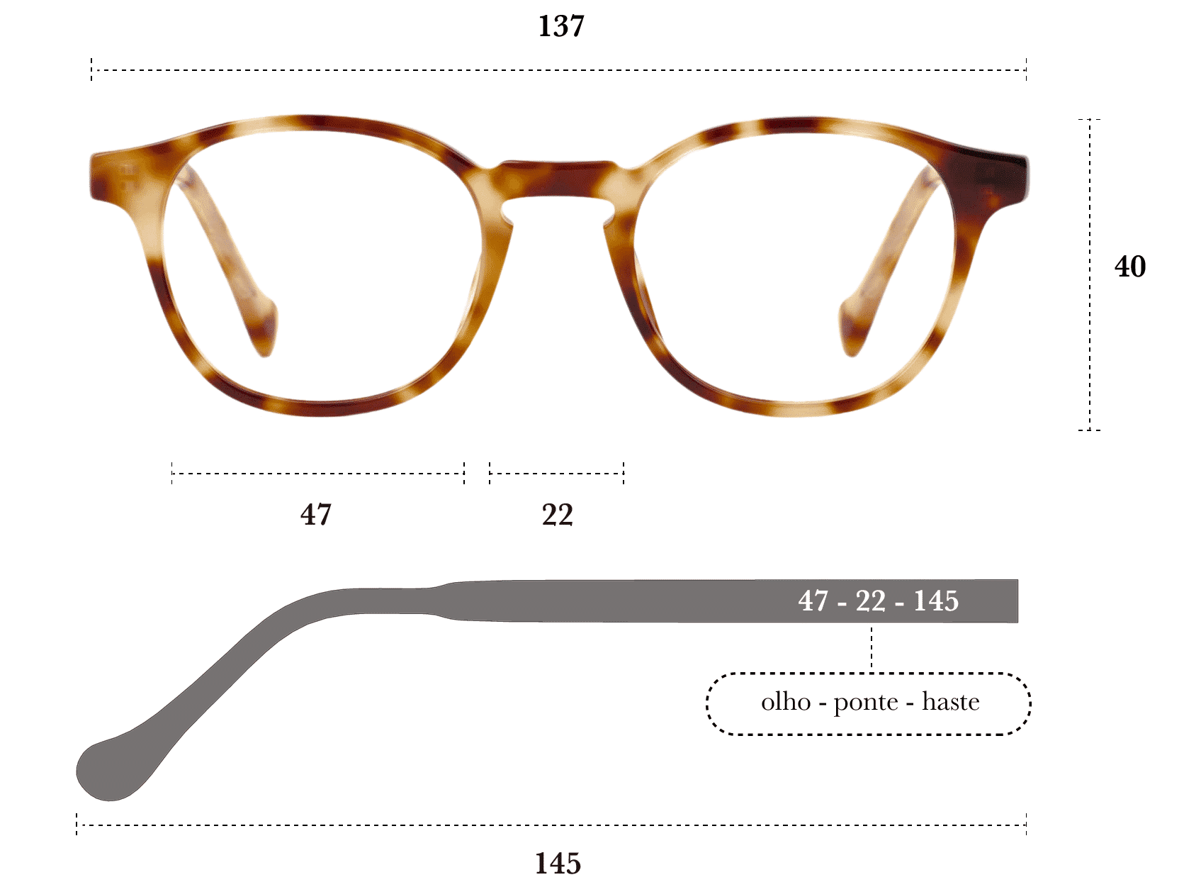 Desenho técnico do óculos Lui 