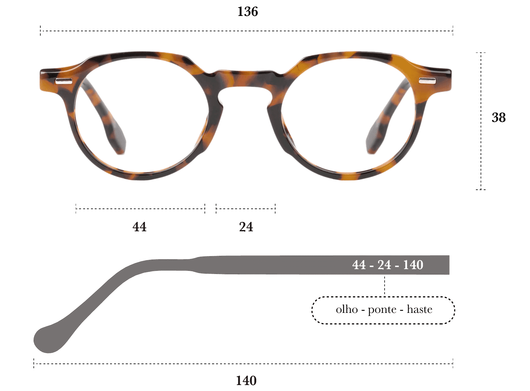 Desenho técnico do óculos Naí 