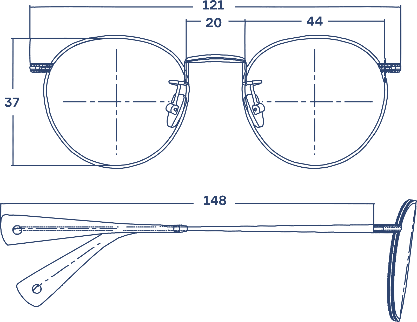 Desenho técnico do óculos Lil metal + acetato 