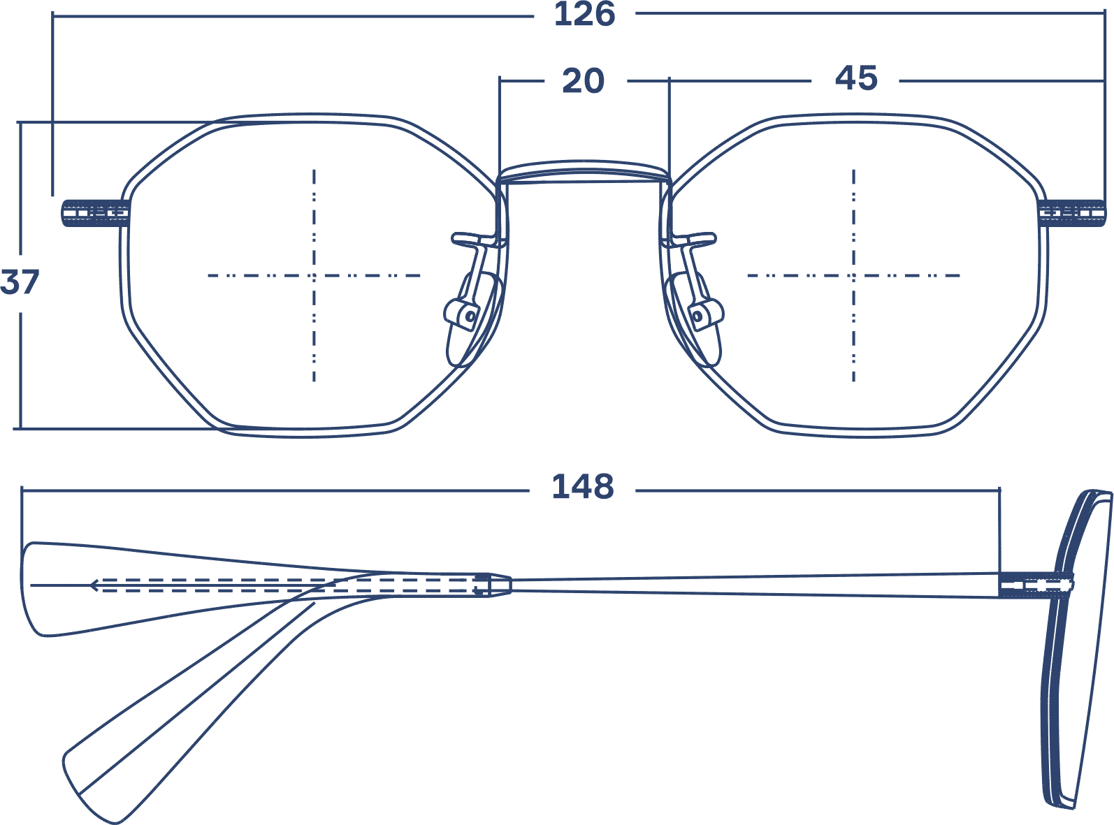 Desenho técnico do óculos Otti 